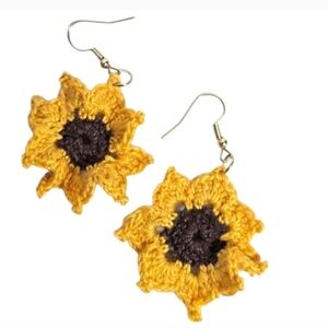 Handmade Crochet Sunflower Earrings – 6 cm | Nickel Free | Cotton Yarn